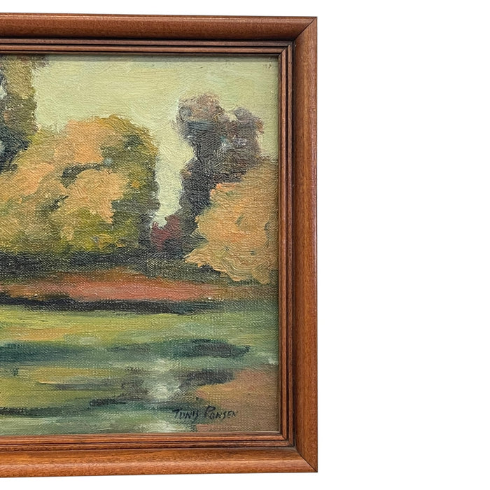 Signed Landscape Painting of Pond with Autumn Trees in Wood Frame