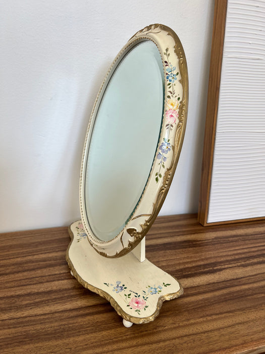 Vintage French Provincial Vanity Tilting Mirror - Hand-Painted Floral Oval Shabby Chic Tabletop with Gold toned accents Hollywood Regency Decor(Available by online purchase only)