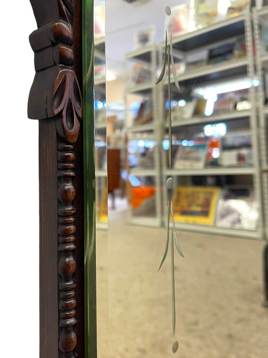 Vintage Carved Wood Arched Wall Mirror with Etched Glass Panels
