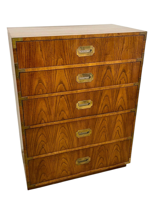 Vintage Campaign Style Five Drawer Dresser by Dixie with Brass-Toned Hardware and Dovetailed Drawers