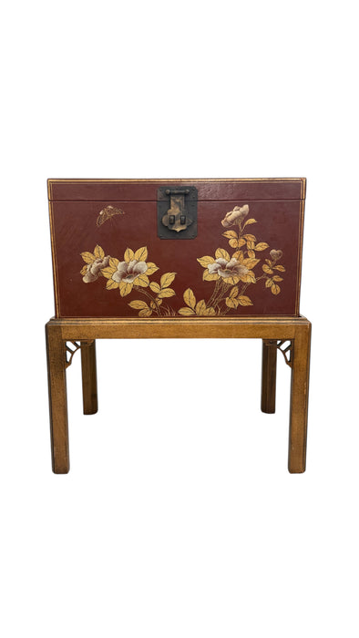 Vintage Mid Century Modern Style Asian Lacquered Style Storage Accent Table with Floral & Bird Motif with Removable Chest