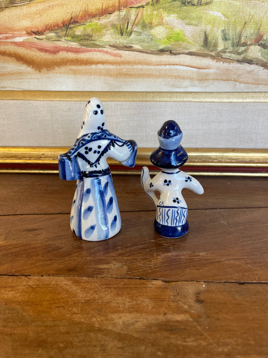 Vintage Blue and White Porcelain Figurine Pair, Hand-Painted Folk Figures