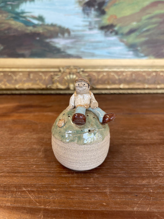 Handmade Studio Pottery Incense Holder with Seated Figure Sculpture, Signed
1976