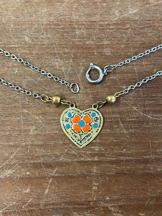 Vintage Heart-Shaped Choker with Enamel Floral Motif on Mixed-Metal Chain