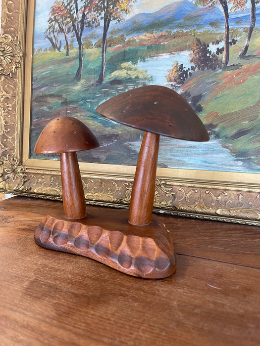 Vintage Mid-Century Hand-Carved Monkey Pod Wood Mushroom Sculpture by Leilani, Made in Philippines.