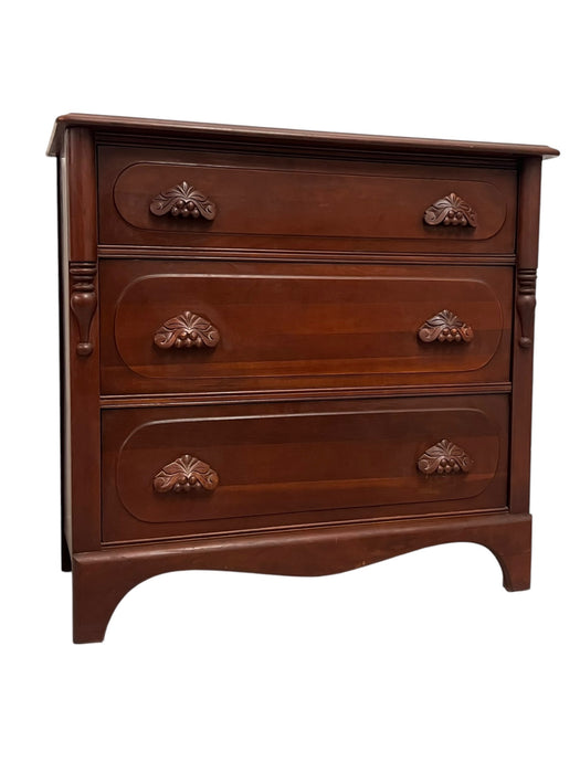 Vintage Mahogany Wood Dresser 3-Dovetailed Drawers with Solid Wood Ornate Pine Cone Handle Design