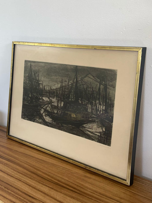 Vintage Signed and Framed Etching Print by Suzanne Rauacher of Abstract Sailboats.