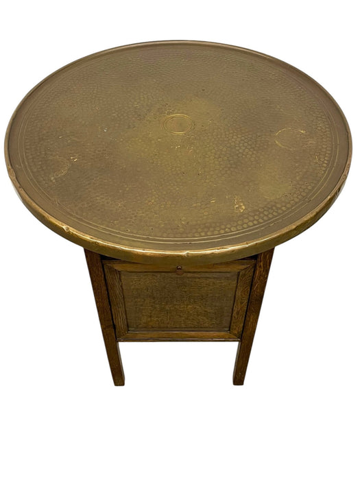 Vintage Arts & Crafts Side Table with Hammered Brass Tray Top and Glass Display Cabinet