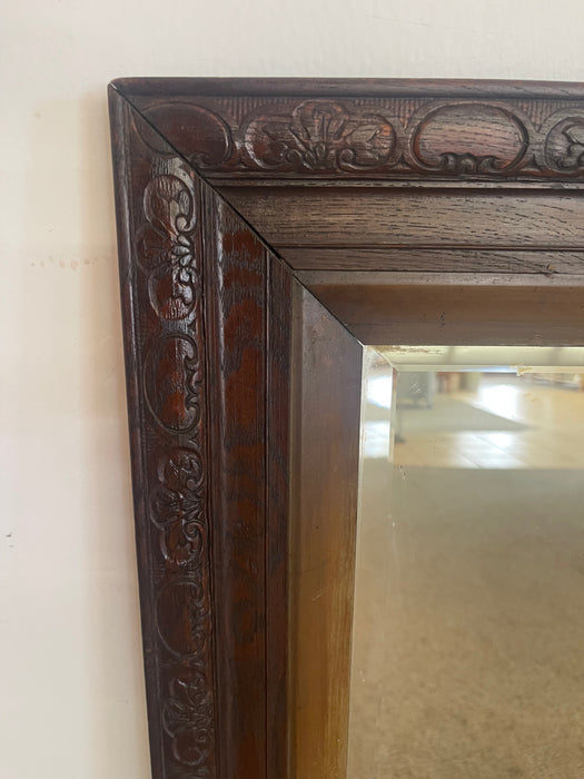 Victorian 1890s UK import Carved Oak Wall Mirror with Beveled Glass and Hanging Chain