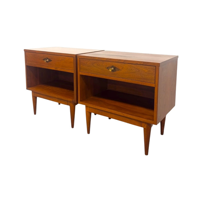 Vintage Mid-Century Modern End Table Set With Diamond Parquet Accent Inlay and Dovetailed Drawers
