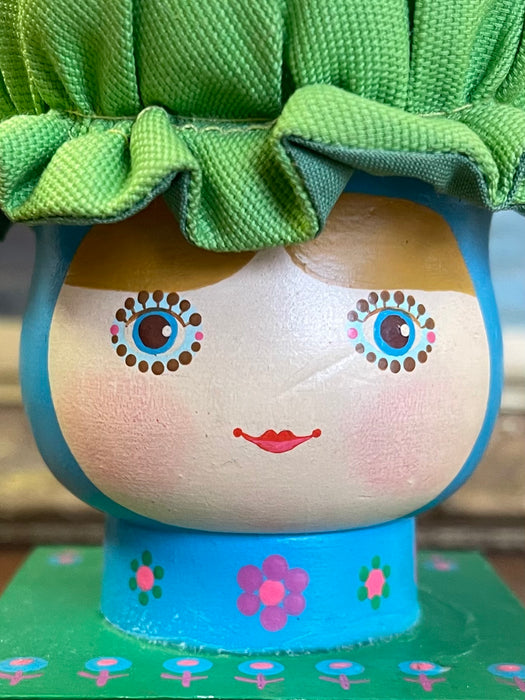 Vintage Hand-Painted Folk Art Doll Figurine on Wooden Block Base with Fabric Bonnet, Signed Mary Maki Rae