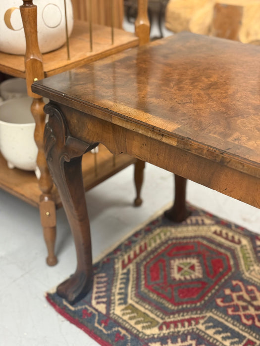 Antique Chippendale Style Solid Wood Coffee Table with Book Matched Walnut Burl Top and Carved Wood Legs. UK Import.