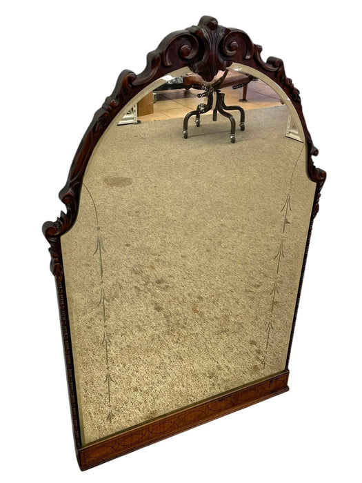 Vintage Carved Wood Arched Wall Mirror with Etched Glass Panels