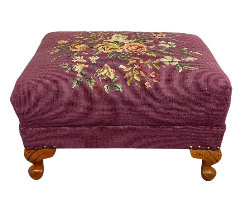 Vintage Upholstered Footstool Ottoman with Floral Needlepoint and Carved Wood Legs