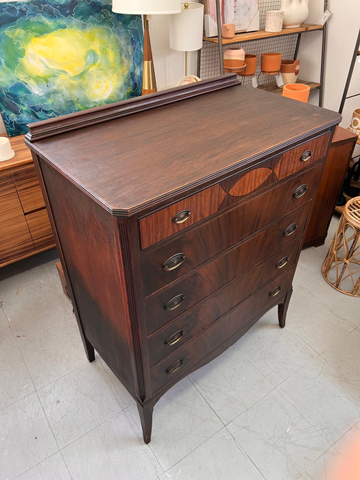 Antique American 5 Drawer Dresser or Chest with Flame Mahogany Wooden Drawer Fronts French Legs Inlaid Contrasting Veneers and Dovetailed Drawers