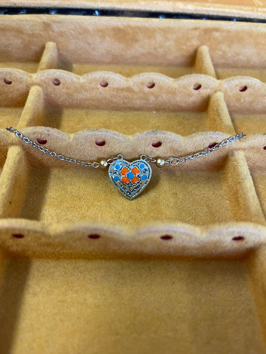Vintage Heart-Shaped Choker with Enamel Floral Motif on Mixed-Metal Chain