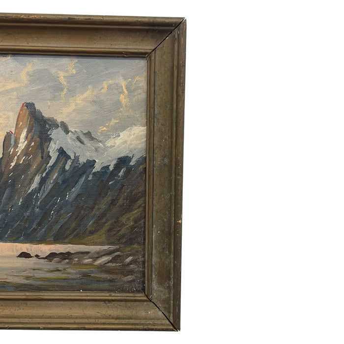 Vintage Signed K. Fjeilberg Mountain Landscape Painting with Sailboats in Gilt Wood Frame Possibly 1930s Norway