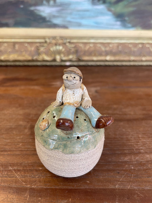 Handmade Studio Pottery Incense Holder with Seated Figure Sculpture, Signed
1976