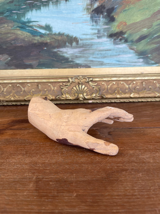 Antique Carved Wooden Articulated Hand Fragment with Original Hook, Likely Religious or Folk Art, 19th Century