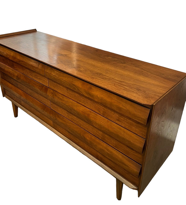 Vintage Mid Century Modern Lane Walnut First Edition Six Drawer Dresser Dovetailed Drawers