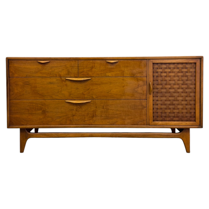 Vintage Mid Century Modern Lane Perception Walnut Lowboy Dresser Credenza with Basketweave Door.