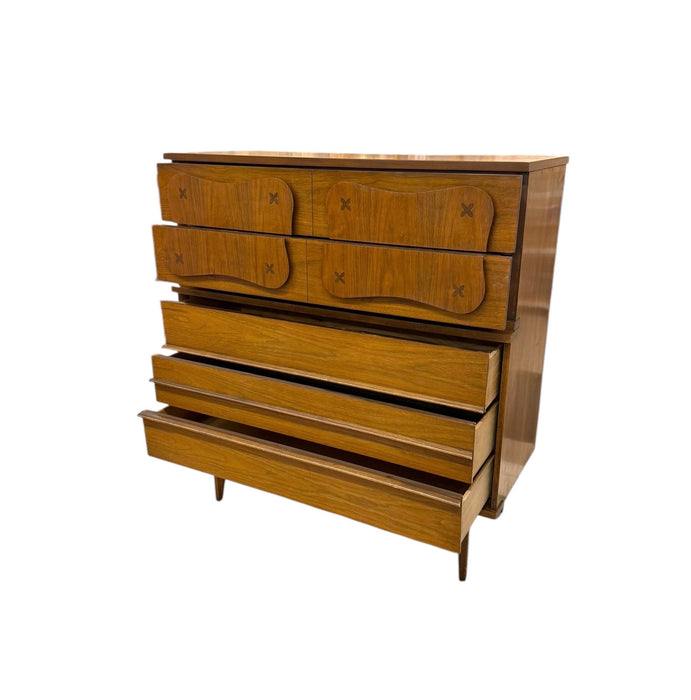 Vintage Bassett Monterey Mid-Century Modern Walnut 5-Drawer and 9-Drawer Dresser Set with Rosewood ‘X’ Inlays by Leo Jiranek Circa 1963