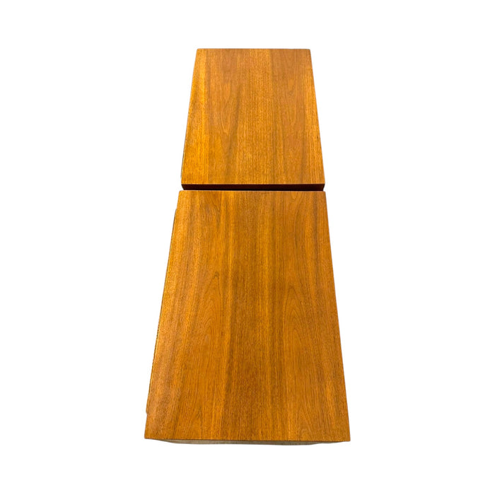 Vintage Mid Century Modern Walnut Nightstands with Sculpted Stretcher Base and Faux Turquoise Handle Inlay- Pair