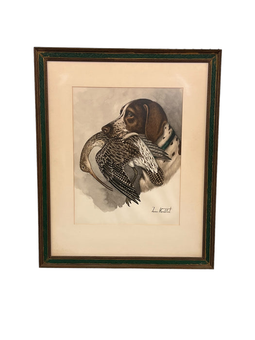 Original Hunting Dog with Foul Watercolor Painting by French Artist and Cartoonist Jean Herblet Signed