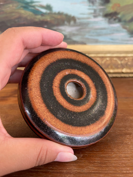 Signed Hank Greer Studio Pottery Donut Vase with Brown and Black Oxide Rings