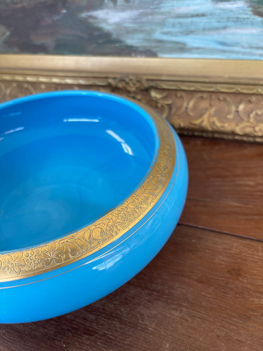 Likely Antique 19th Century French Blue Opaline Glass Bowl with Intricate Gilded Fruit and Vine Border