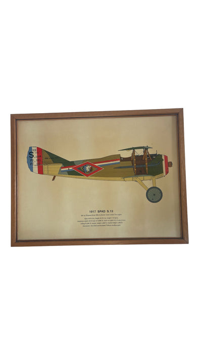 Vintage Framed Lithograph Print of a SPAD S.13 1917 plane.