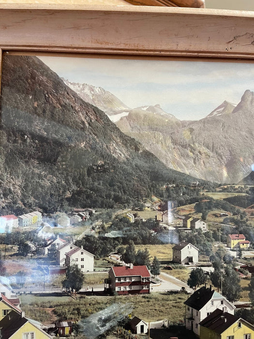 Vintage Framed Original Tinted Photograph of Mountain Side Cityscape