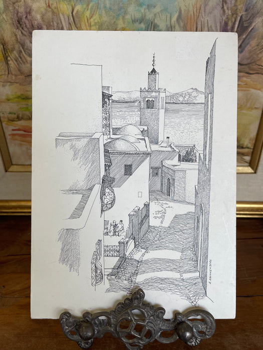 Vintage 1971 Tunis Tunisia Architectural Ink Drawing by K. Winnenberg, Street Scene Artwork