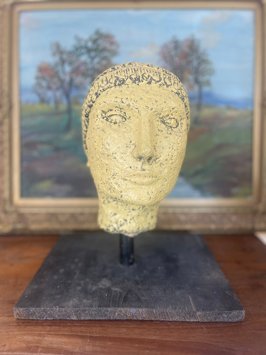 Textured Vintage Papier-Mâché Head Sculpture with hand-painted detailing on Custom stand.