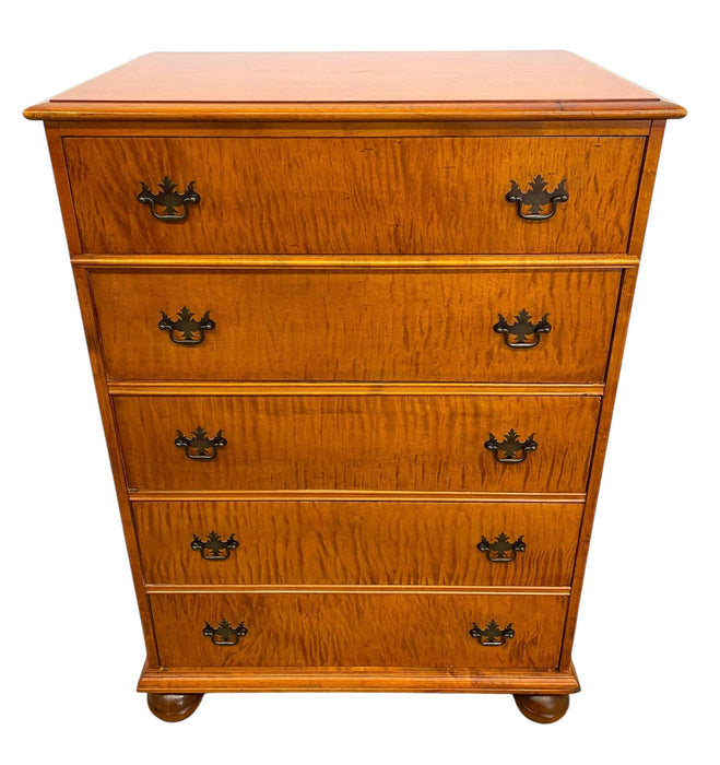 Vintage 5-Drawer Chest with Figured Wood Grain, Dovetailed Drawers and Brass-Toned Hardware