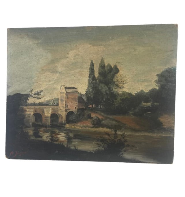 Vintage Oil on Canvas signed painting of a Moody Bridge and Landscape Scene.