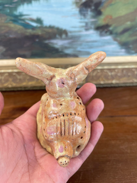 Whimsical Hand-Built Ceramic Creature Sculpture with Long Ears and Textured Colorful Glaze