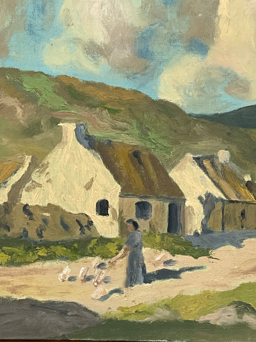 Vintage European Village Landscape Painting on Canvas