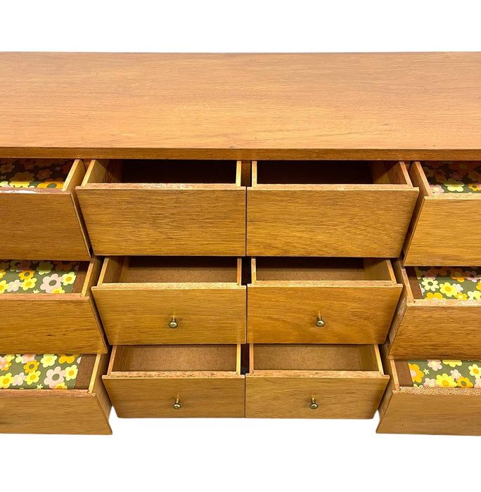 Vintage Mid Century Modern Credenza Dresser with 12 Drawers, Tapered Legs and Brass-Toned Hardware