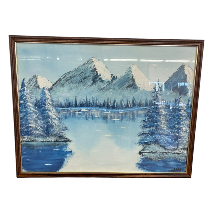 Vintage Framed Snow-Capped Mountain Lake Landscape Painting, Signed, Blue Tonal Scenic Wall Art.