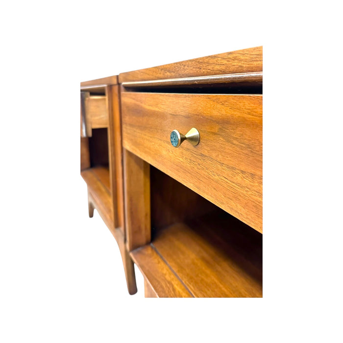 Vintage Mid Century Modern Walnut Nightstands with Sculpted Stretcher Base and Faux Turquoise Handle Inlay- Pair