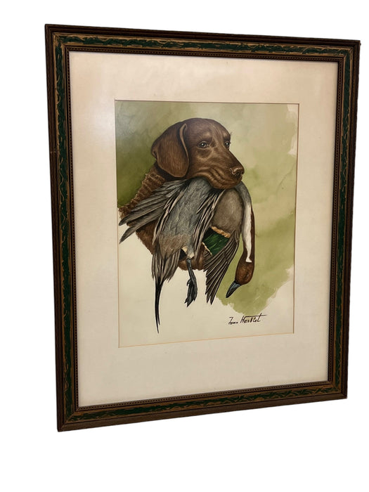 Original Hunting Dog with Foul Watercolor Painting by French Artist and Cartoonist Jean Herblet Signed