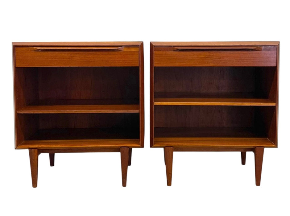 Vintage Danish Mid-Century Modern Teak Nightstands or Bedside Tables with Drawer and Adjustable Open Shelves - Pair