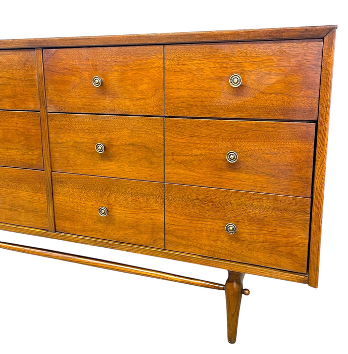 Vintage Mid-Century Modern 6-Drawer Walnut Dresser with Brass Toned Hardware