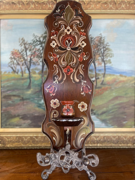 Possibly Norwegian Hand-Rainfed Resemaling Wall Pocket with Candlestick Holder or Miniature Vase, Signed by Kaja, 1990-Scandinavian Folk Art Decor.