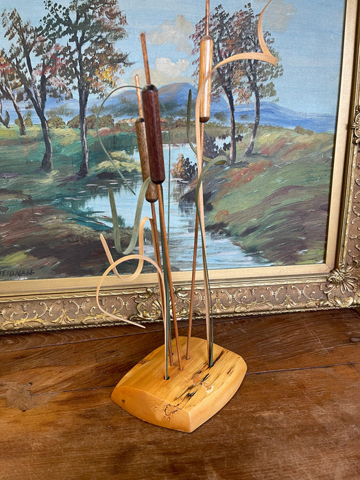 Handcrafted Wooden Cattail a Sculpture by Wood N' Things, Minnesota Studio Craft Botanical Art