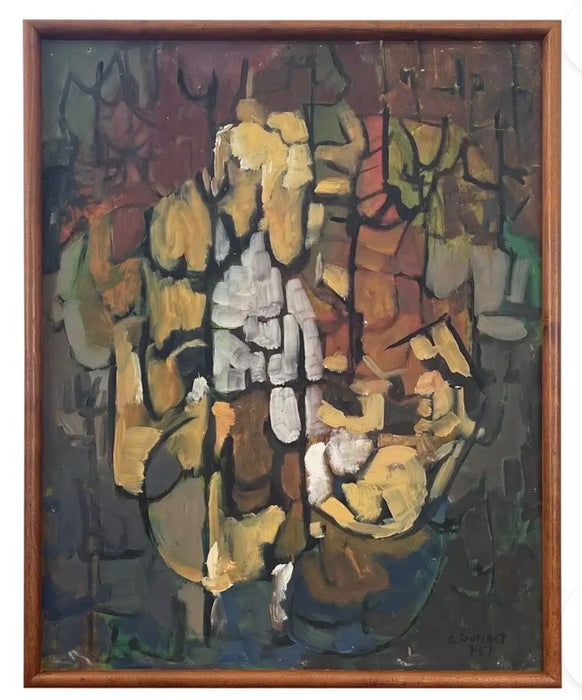Vintage Mid-Century Modern Abstract Floral Painting by E. Sundt, Signed '57