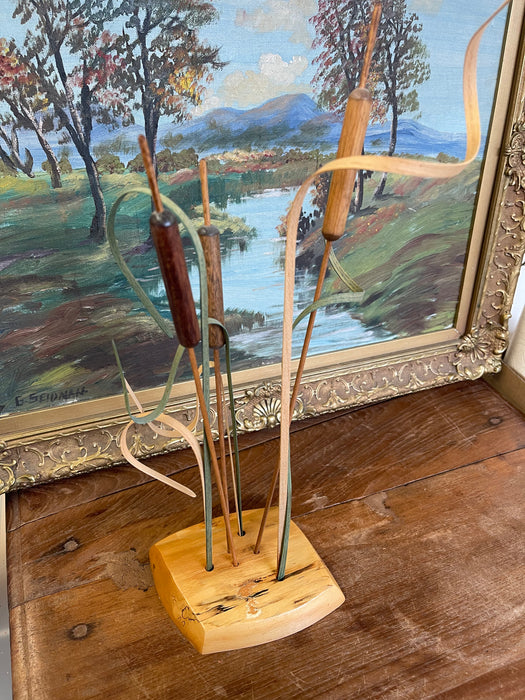 Handcrafted Wooden Cattail a Sculpture by Wood N' Things, Minnesota Studio Craft Botanical Art