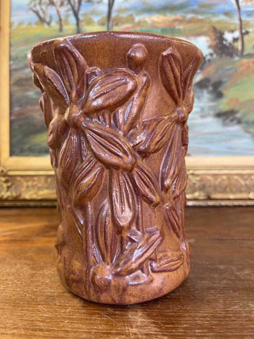 Vintage Red Wing Pottery Brown Glazed Floral Relief Vase