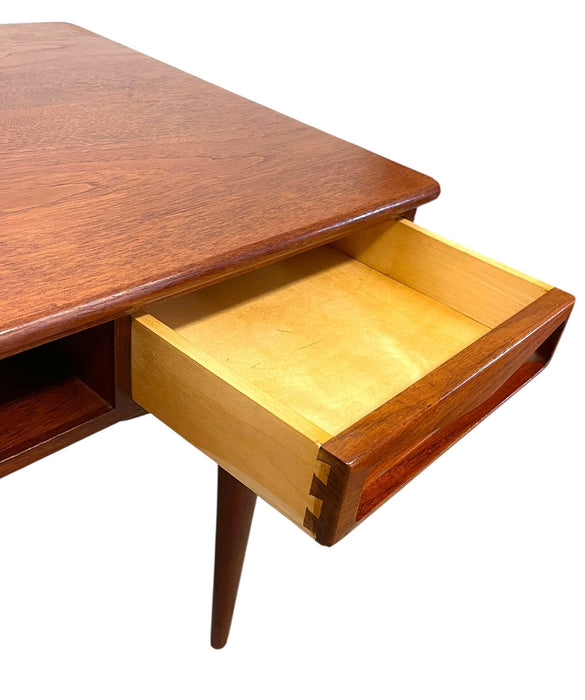 Vintage Mid Century Modern Danish Style Coffee Table with Sculpted Drawer Pulls and Open Shelf Storage